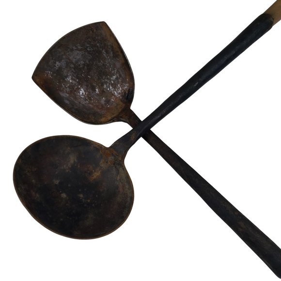 Primitive Hand Forged Ladle and Spatula Rustic Cooking Set Metal Wooden Handles - Picture 5 of 6